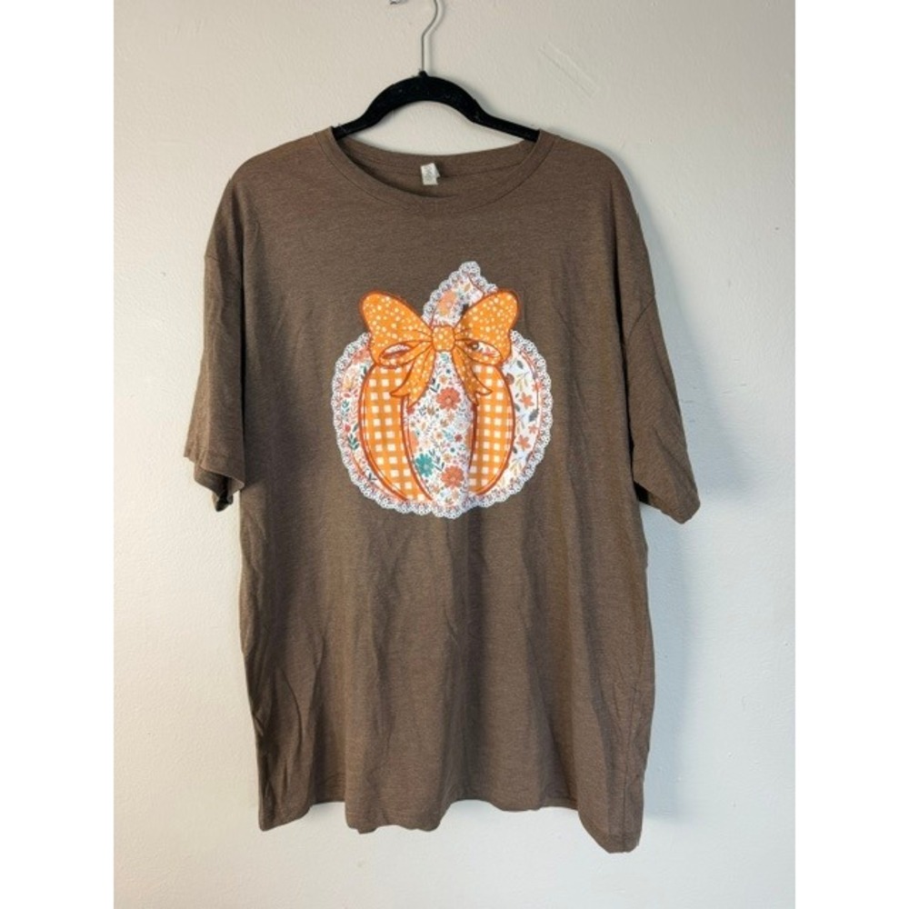 Love in Faith Womens Brown Pumpkin Floral Gingham Graphic T-Shirt XL Fall Autumn